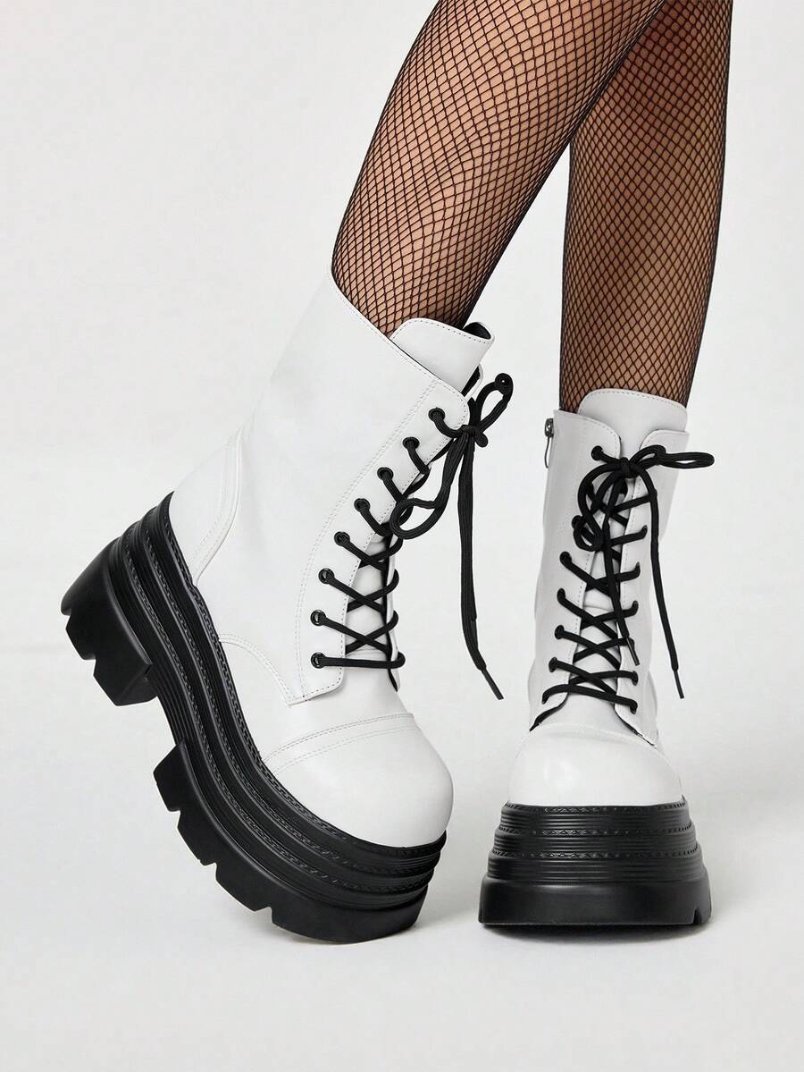 ROMWE Grunge Punk Giày bốt cao đến bắp chân buộc dây nhiều lớp mũi tròn phong cách Punk PU tối màu dành cho nữ, phù hợp cho phong cách hàng ngày, dạo phố, Punk, trường học, hiệp sĩ - trắng - Xem 1