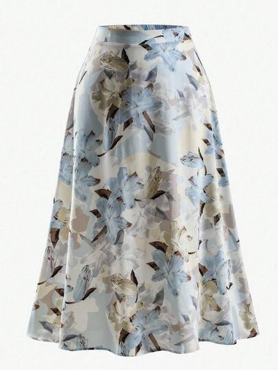 Mulvari Falda larga con estampado floral aleatorio para mujer de talla grande
