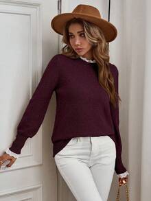 Elenzga Suéter elegante de cuello redondo de manga larga con volantes de color contrastante - Rojo - Ver 3