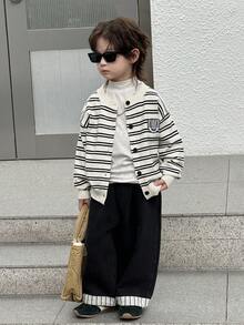 DAZY Toddler Boys' Loose Striped Knit Cardigan Long Sleeve, Autumn - Black and White - View 5