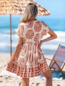 Sylviya 女士休闲沙滩印花连衣裙，夏季度假飘逸波西米亚风连衣裙热带夏威夷服装