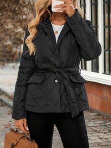 EMERY ROSE 女士时尚百搭纯色夹克，冬季 - 黑色 - 查看 5