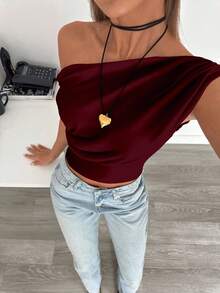 Siren Gaze Áo crop top nhún bèo bất đối xứng thanh lịch màu đỏ tía dành cho nữ, thích hợp mặc mùa hè, mặc hàng ngày - Màu Đỏ Sâu - Xem 2
