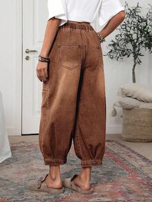 EMERY ROSE Plus Size Women Casual Loose Elastic Waist Wide Leg Jeans - Coffee Brown - View 2