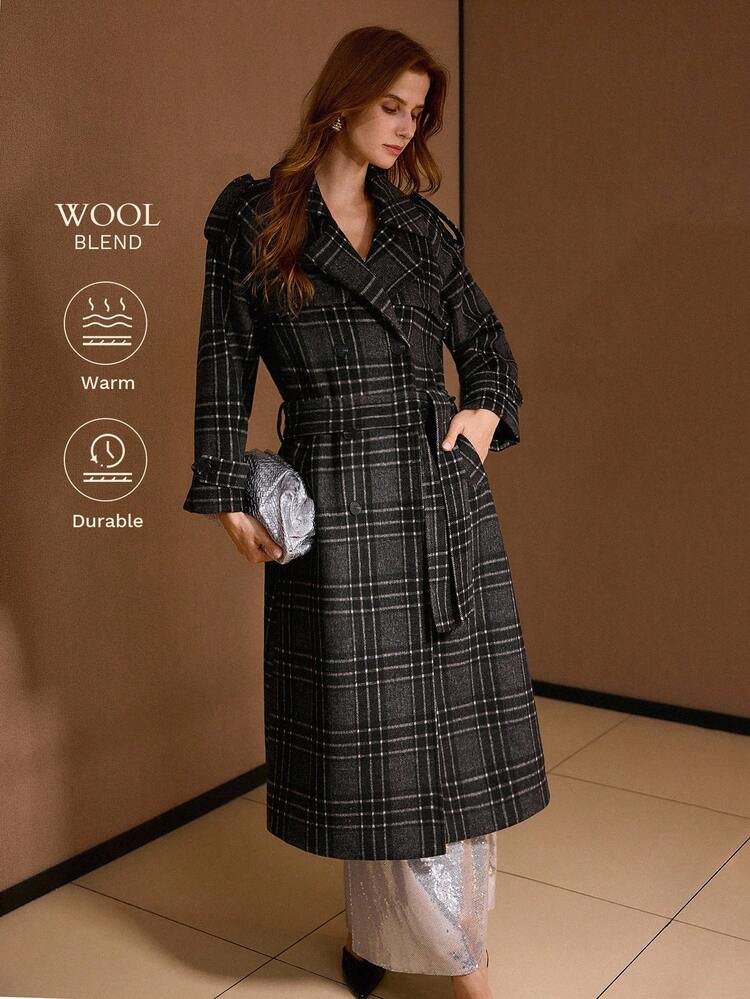 WOOL PLAID DOUBLE BREASTED BELTED OVERCOAT