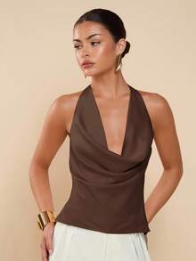 COSMINA Women's Sexy Solid Color Lace-Up Backless Halter Top, Summer - Coffee Brown - View 2