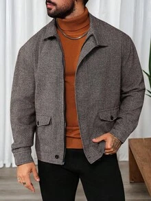 Manfinity Homme Men's Herringbone Pattern Zip-Up Casual Wool Blend Jacket Men Shacket Mens Casual Jacket Mens Fall Jacket Woolen Jacket Men Men Sweater Jacket, Grey Jacket Men, Mens Fall Jacket, Jackets For Men Grey, Brown Jacket For Men - Grey - View 6