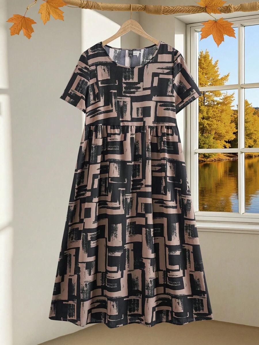 Rusticease 大码女式秋季几何印花圆领短袖休闲连衣裙，夏季、度假、节日服装，波西米亚风 - 黑色 - 查看 1