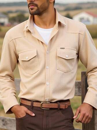 Manfinity Nomadique Men's Solid Color Casual Front Button Corduroy Long Sleeve Shirt, Fall Winter