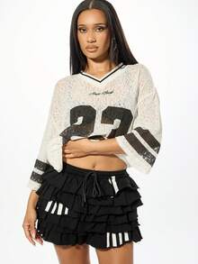 SUMWON WOMEN Boxy Fit Oversized Lace Varsity Jersey Number 23 Statement Top - White - View 4
