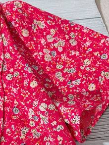 SHEIN CURVE+ 大码碎花缺口领休闲短袖衬衫，夏季 - 玫紅色 - 查看 3