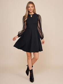 Amorya 鎖眼領網紗燈籠袖洋裝