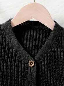 SHEIN Elladie kids Tween Girl Puff Sleeve Crew Neck Solid Color Casual All-Match Sweater Cardigan School Holiday Gathering Outing Travel Autumn Winter Black Button - Black - View 4