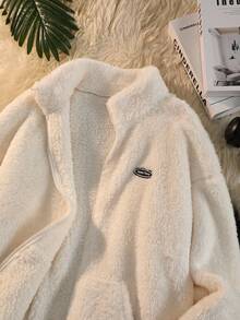 SHEIN 少女休闲家居户外保暖珊瑚绒高领拉链外套，饰有拉斯维加斯英文贴片，宽松落肩长袖带口袋，杏色，适合秋冬季穿着 - 杏色 - 查看 3