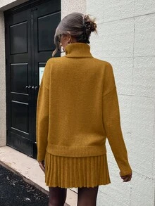 Lyxana Women's Solid Color Minimalist Turtleneck Long Sleeve Top And Mini Skirt 2-Piece Set - Yellow - View 2