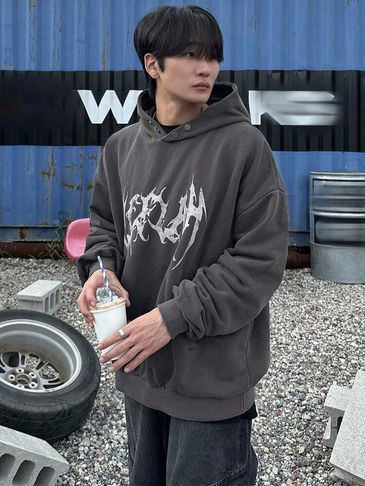 Gothic Letter Print Design Thermal Lined Hoodie For Men, Street Style, Dark Grey, Autumn/Winter