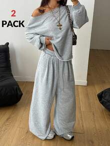 Coolane 女士秋冬四季街头服饰外出露肩长袖灰色运动衫和松紧腰带高腰灰色裤子两件套服装 - 灰色 - 查看 2