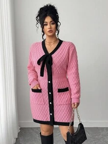 Elenzga Plus Size Women's Autumn Long Sleeve Knotted Front Pocket Design Elegant Knit Dress