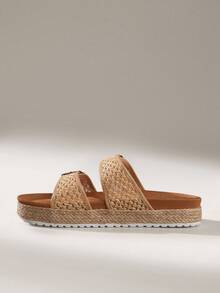 Solecia Women's Straw Woven Round Toe Flat Thick Sole Casual Vacation Beach Holiday Party Afternoon Tea Slip-On Sandals, Apricot - Apricot - View 4