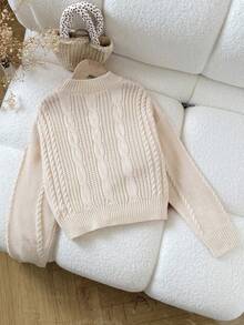 SHEIN Tween Girls' Casual Elegant Knitted Colorblock Bow Turtleneck Sweater, Versatile & Cute For Everyday Wear, Autumn/Winter Fall - Khaki - View 6