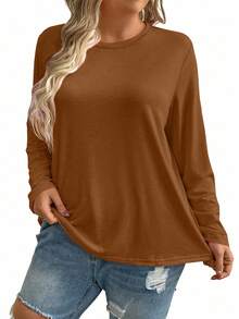 EMERY ROSE Plus Size Women Crew Neck Long Sleeve Loose Casual Top, Brown/Khaki Tee Shirt - Brown - View 4