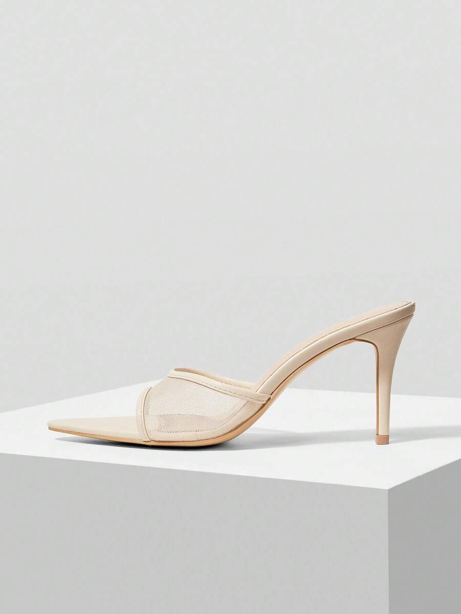 MOTF PREMIUM Giày sandal cao gót lưới mũi nhọn - Màu be - Xem 2