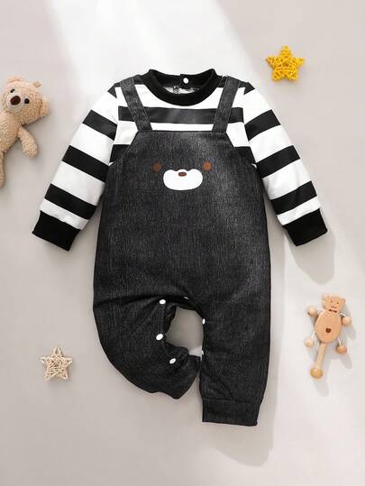 SHEIN 男宝宝秋季黑色牛仔效果连体衣，可爱小熊图案拼接条纹两件套，秋冬季日常出行必备