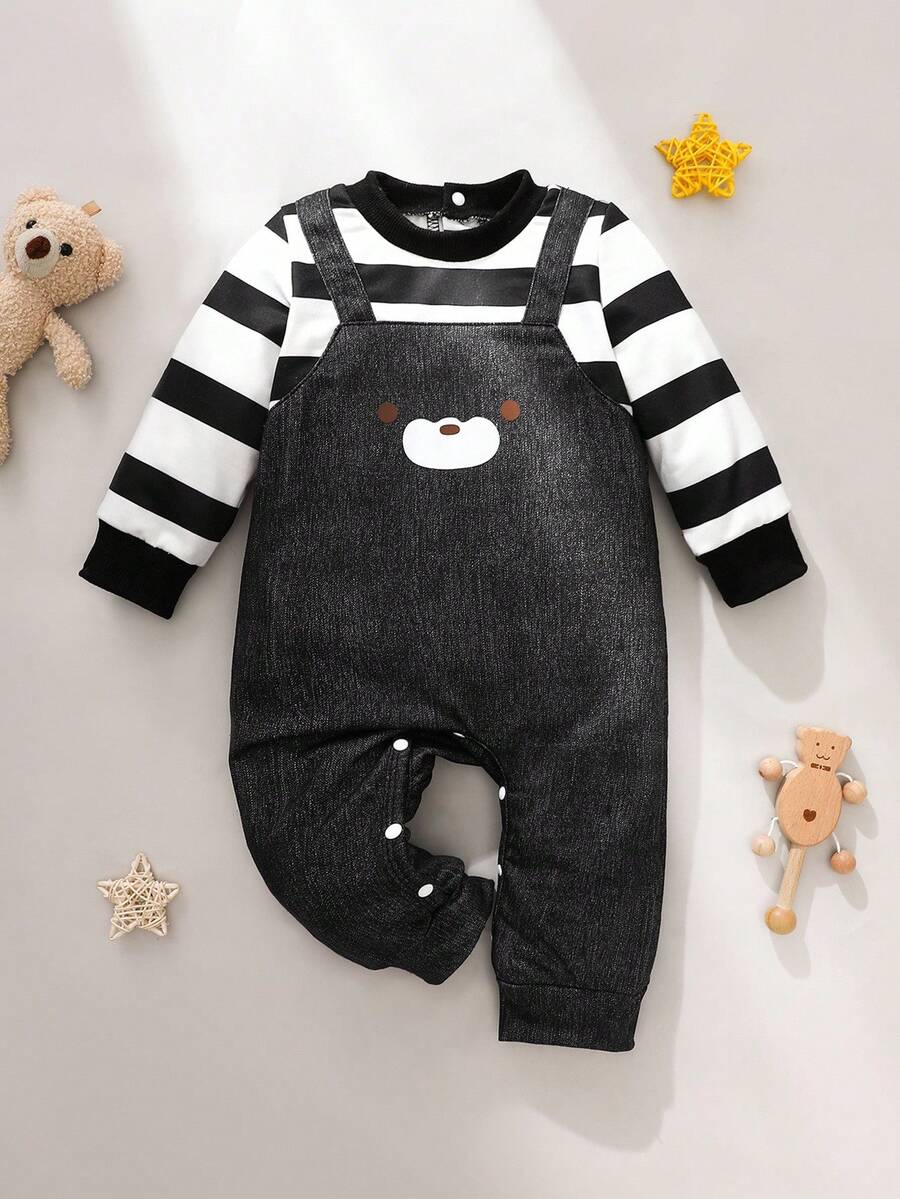 SHEIN 男宝宝秋季黑色牛仔效果连体衣，可爱小熊图案拼接条纹两件套，秋冬季日常出行必备