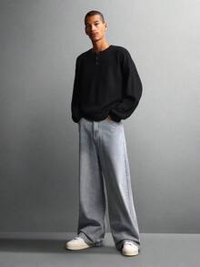 SUMWON 长袖罗纹亨利领针织衫，常规版型，秋冬季休闲家居服套头衫，纽扣前领，纯色 - 黑色 - 查看 4