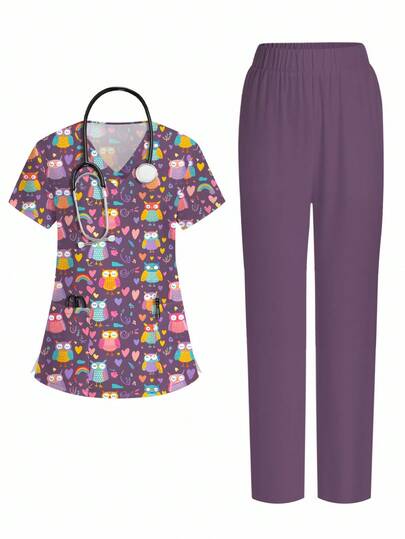 PopScrub Conjunto de uniforme de enfermera de dibujos animados con top de manga corta y pantalones, traje de quirófano para mujeres