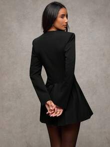 SHEIN BAE 女士秋季优雅纯色荷叶边下摆西装外套 - 黑色 - 查看 4