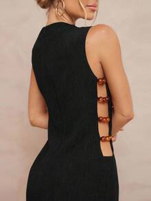 Lumalex Vestido mini de línea A con escote de barco sin mangas y cintura calada con cuentas para mujeres - Negro - Ver 3