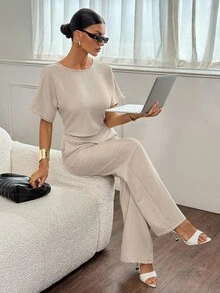 SHEIN Tall Bộ 2 áo sơ mi và quần xếp ly màu trơn dành cho nữ, phù hợp mặc vào mùa thu, thường ngày và công sở - Màu Khaki - Xem 6