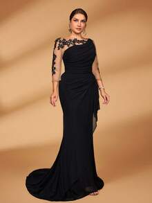 Serin Plus Size Elegant Luxurious Embroidered Lace Sheer Long Sleeve Elastic Knit Mesh Ruched Ruffle Mermaid Dress, Suitable For Weddings, Parties, Vacations, Galas, Mother Of The Bride Gown