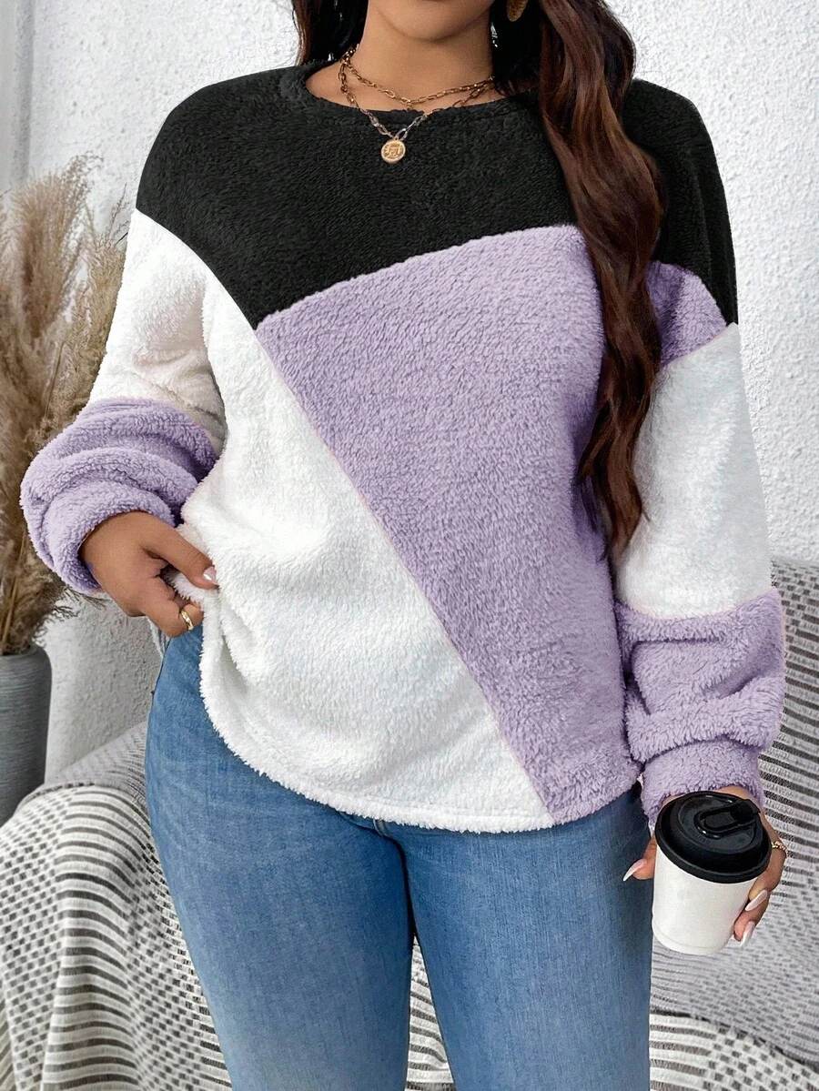 EMERY ROSE Plush Warm Color Block Crew Neck Plus Size Sweatshirt Winter Tops For Women Purple Sweater Pullover For Women Women Sweater Sweater Tops