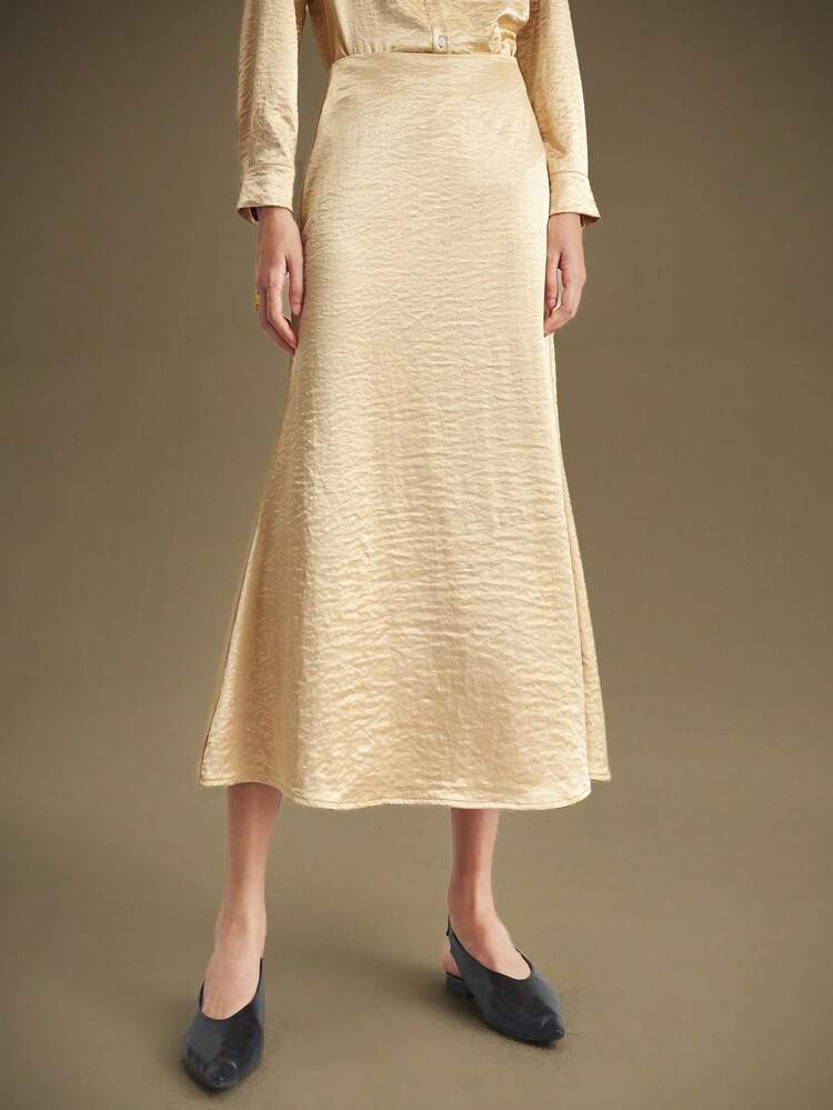 Women 2 Pieces Set,Gold,Autumn Elegant Dining Minimalist Loose Fit Shirt & Fishtail Skirt Business Casual Office Commute Korean Style Stylish Design