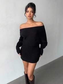 Aloruh Women's Casual Y2K Fashion Black Ribbed Asymmetric Collar Long Sleeve Loose Bodycon Mini Sweater Dress, Autumn/Winter
