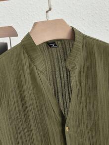 HIMLAND 2pcs/Set Men's Casual V-Neck Mandarin Collar Short Sleeve Shirt Set Men Linen Set Men Casual Sets Europe Summer Outfits For Men Set Men Shirt Co Ords Khaki Men Set