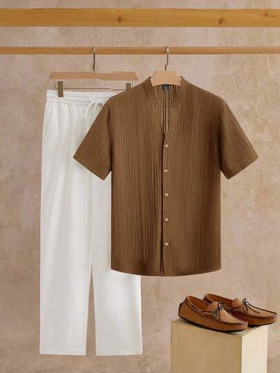 HIMLAND Set de 2 camisas casuales de manga corta con cuello Mao y escote en V para hombres