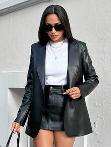 EURMUSE Women's Solid Color Blazer Jacket, Suitable For Work - Black - View 5