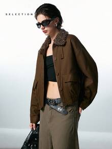 LYSMO 女士时尚休闲美亚德仿毛领夹棉大衣 - 橄欖綠 - 查看 5