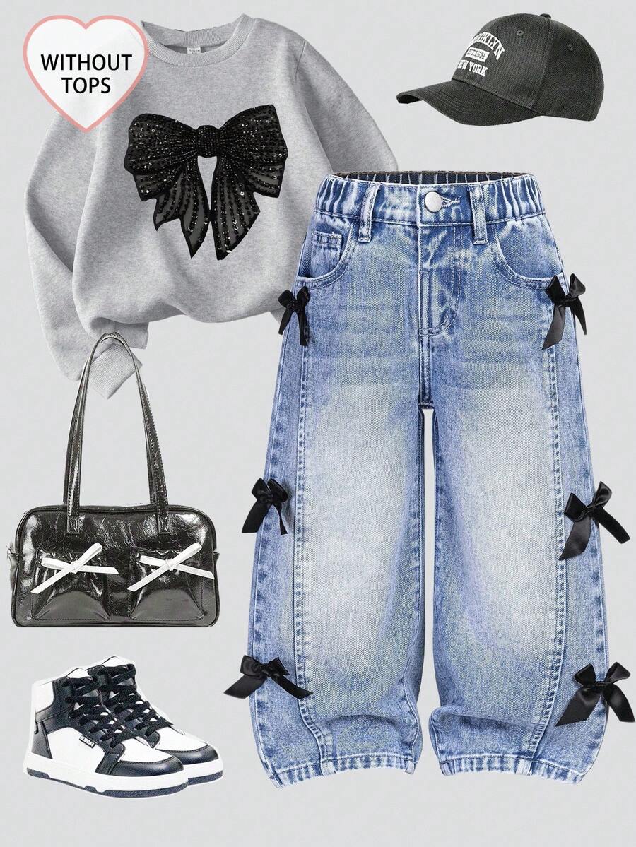 Elladie kids 女童（小号）破洞复古时尚个性前片开叉漂白牛仔阔腿牛仔裤，带 3D 蝴蝶结，百搭四季蓝色休闲裤 - 藍色 - 查看 1