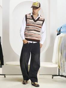 STEELVANCE 男士时尚休闲条纹 V 领针织毛衣背心，秋冬 - 咖啡棕 - 查看 4