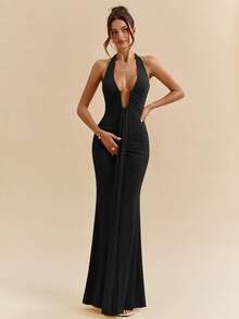 SHEIN BAE 黄色奶油色性感深 V 领超长优雅吊带连衣裙，适合春夏季女士 - 黑色 - 查看 3