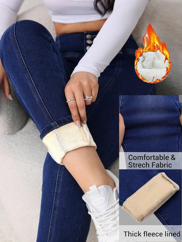 SHEIN Tall Jeans azules de cintura alta y silueta ajustada para mujer, con forro polar para invierno. Jeans de denim térmico con forro de peluche para mujer. Pantalones jogger de forro polar para mujer. Leggings de forro polar para mujer. Jeans de denim térmico con forro polar para mujer. Jeans forrados de forro polar cálidos y elásticos para mujer.