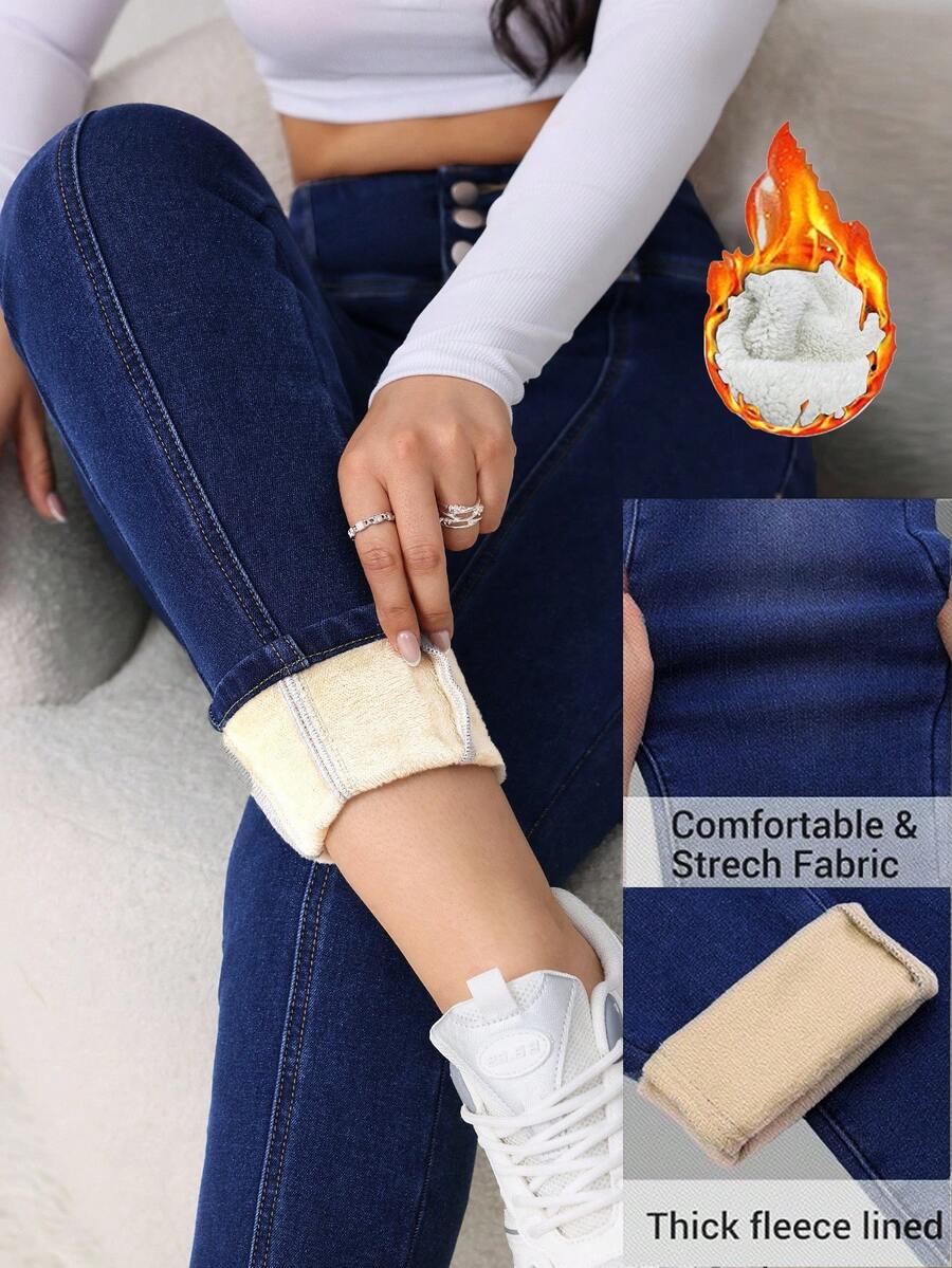 SHEIN Tall 女士牛仔裤 蓝色高腰紧身加绒牛仔裤 高个女士牛仔裤 冬季牛仔裤 保暖牛仔 泰迪熊牛仔 保暖毛绒泰迪熊 女士慢跑裤 打底裤 女士牛仔裤 抓绒打底裤 冬季女装 保暖牛仔 保暖内衬牛仔裤 妻子女士冬季牛仔裤 女士保暖内衬牛仔裤 保暖弹力牛仔裤 女士舒适牛仔裤 - 深色水洗藍 - 查看 1