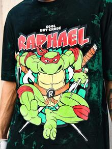ROMWE MEN TEENAGE MUTANT NINJA TURTLES X ROMWE Camiseta masculina casual com estampa de tartaruga tie-dye e gola redonda, manga curta, verão - Verde - Ver 1