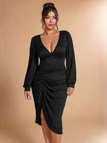 Cravure Váy xòe xếp ly cổ chữ V sâu thanh lịch gợi cảm cỡ lớn - màu đen - Xem 5