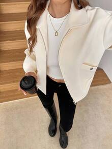SHEIN LUNE 女士休闲宽松优雅通勤翻领拉链斜插口袋下摆抽绳粗花呢外套白色西装外套奢华奶油色女士白色外套优雅秋冬 - 杏色 - 查看 1