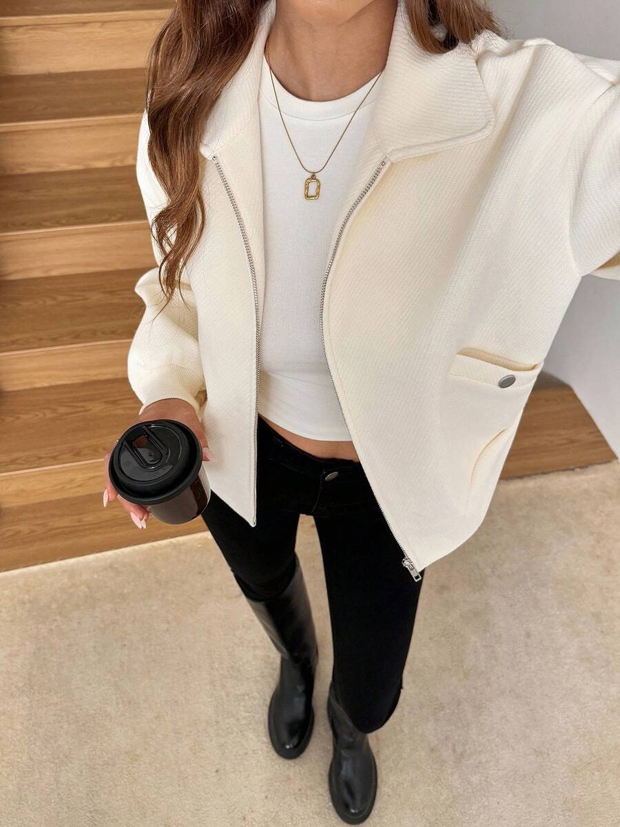 SHEIN LUNE 女士休闲宽松优雅通勤翻领拉链斜插口袋下摆抽绳粗花呢外套白色西装外套奢华奶油色女士白色外套优雅秋冬 - 杏色 - 查看 1